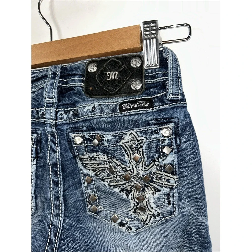 Miss Me Girls Skinny Denim Jeans Sequined Embroidered Pockets Blue  Sz 8 Stretch